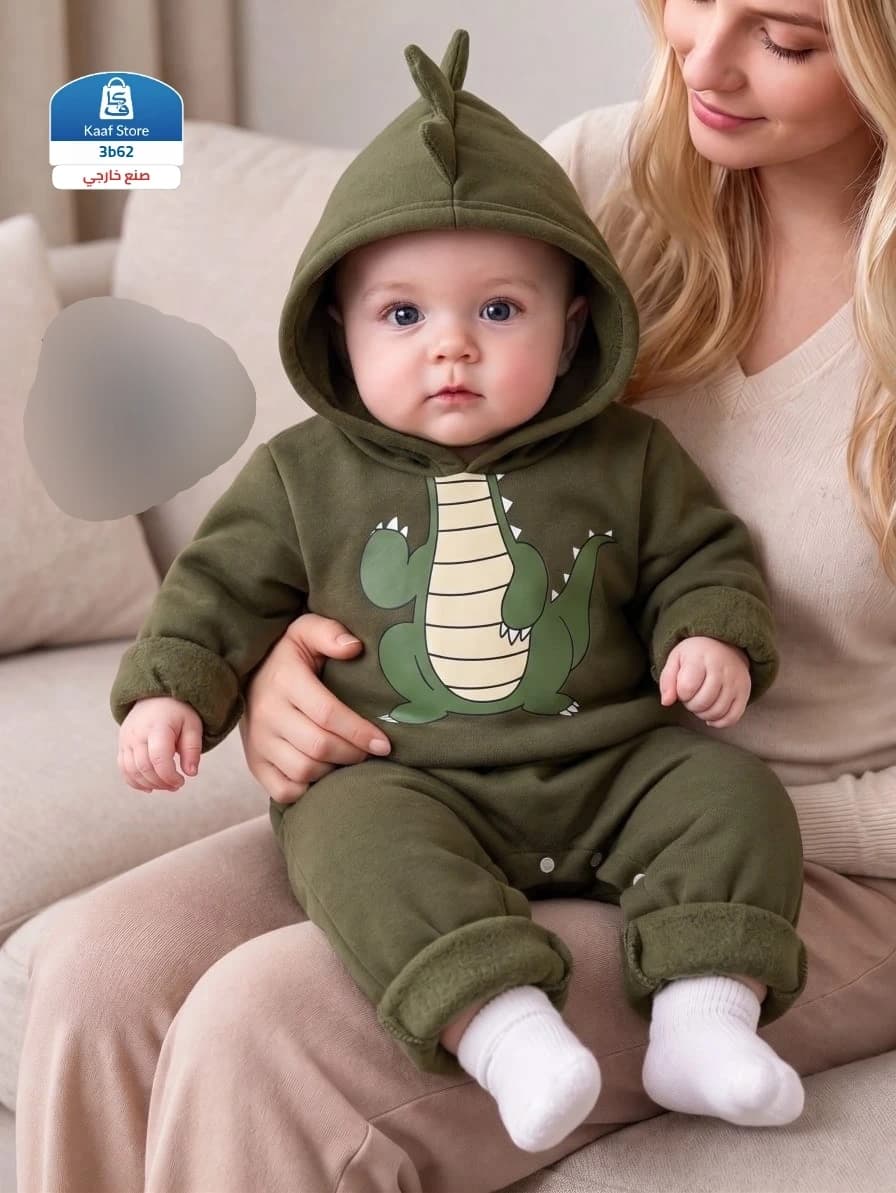أفرول أطفال أولادي خريفي وشتوي دافئ بتصميم ديناصور كيوت مع غطاء رأس - صورة 1
