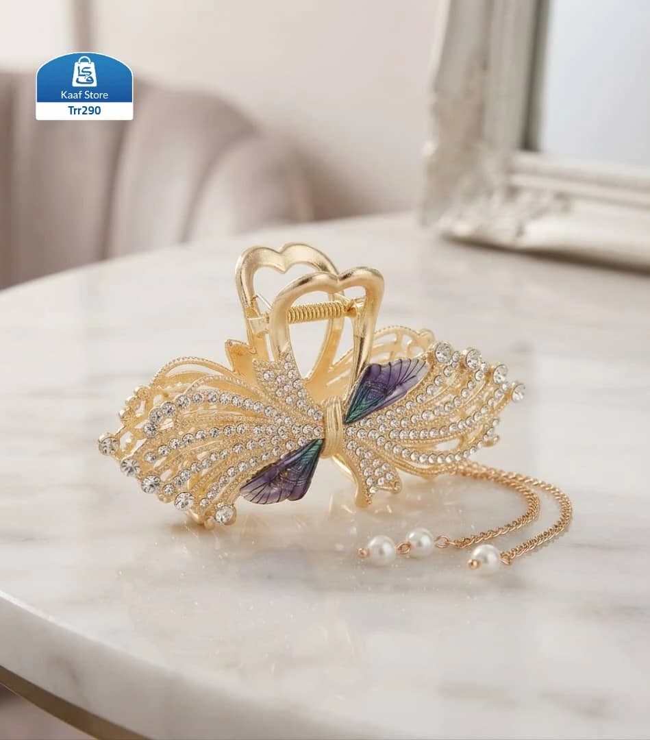 شباصة شعر فاخرة بتصميم فراشة مرصعة بالكريستال واللؤلؤ thumbnail 3