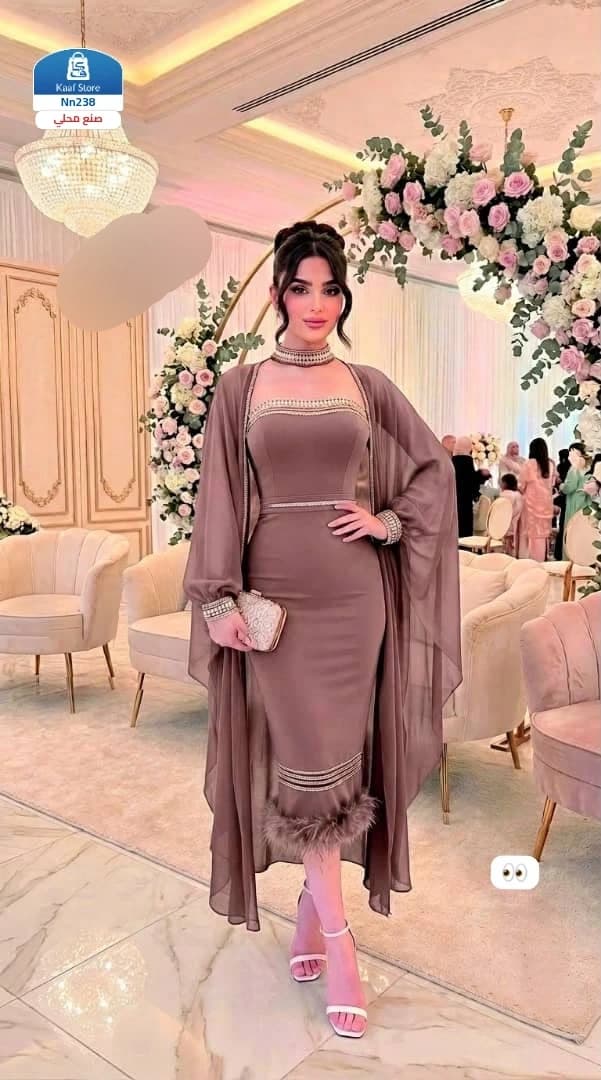 فستان سهرة شيفون مطرز بالريش - صورة 1