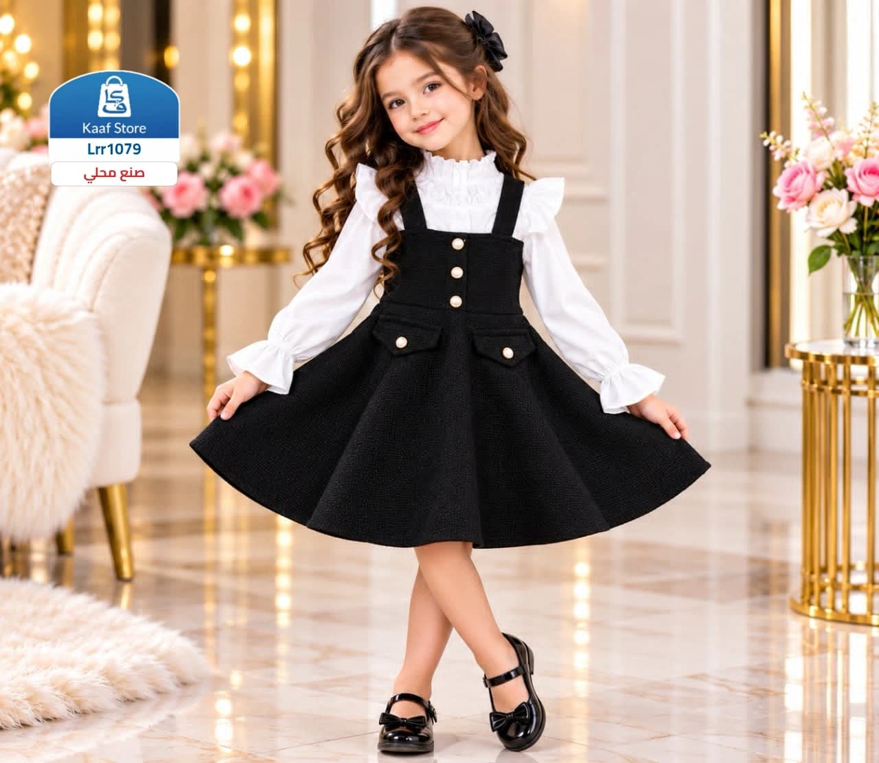 فستان بناتي أسود ملكي ببلوزة بيضاء