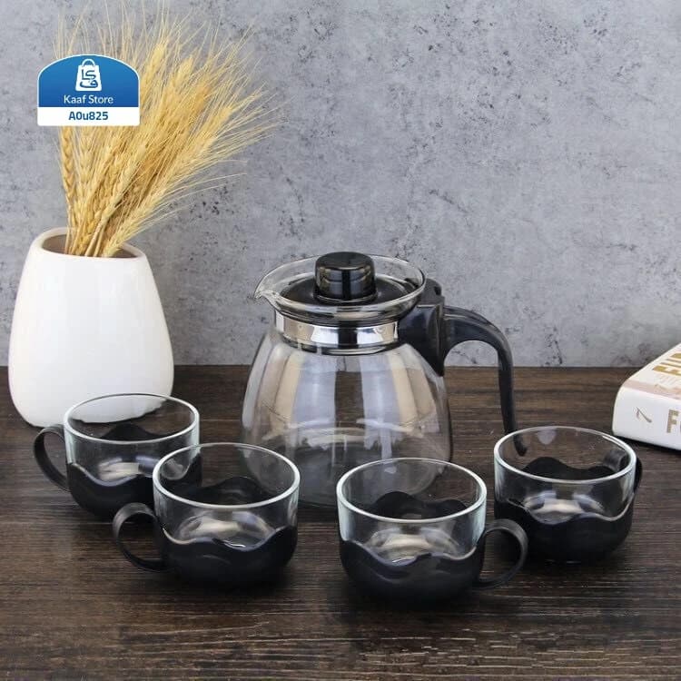 طقم كتالي حراري زجاجي مع 4 أكواب ملبسة